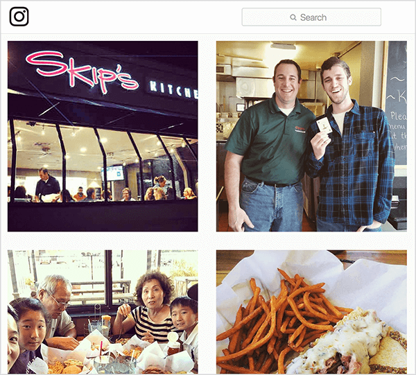 Toto je snímek obrazovky fotek Instagramu označených #skipsdiner. Jeden ukazuje exteriér restaurace, jeden ukazuje muže, který drží kartu, jako by vyhrál hru Joker, jeden ukazuje rodinu jíst u stolu a jeden ukazuje jídlo, které si někdo objednal. Jay Baer říká, že hra Joker je příkladem spouštěče hovoru.