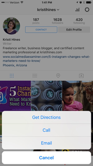 možnosti kontaktu obchodního profilu instagramu