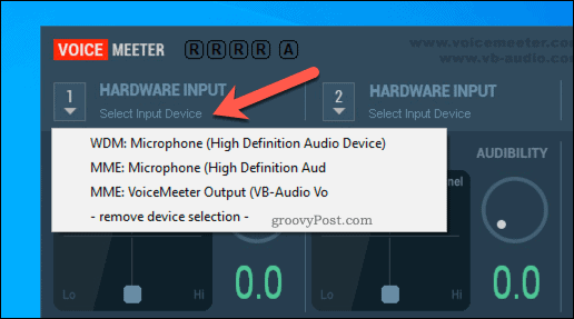Výběr možnosti hardwarového vstupu VoiceMeeter