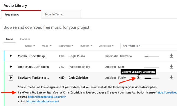 Hudební soubory ve zvukové knihovně YouTube si všimnete, pokud potřebujete připsat původnímu autorovi.