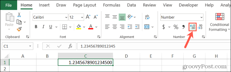 Zastavte zaokrouhlování čísel aplikace Excel pomocí tlačítka Zvětšit desetinnou čárku