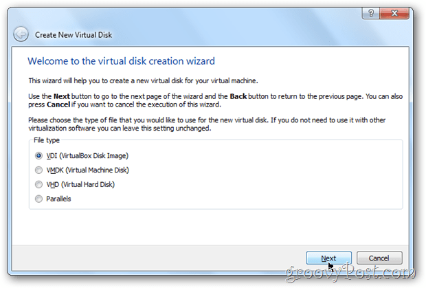 VirtualBox zvolit typ obrazu disku virtuální krabice Windows 8