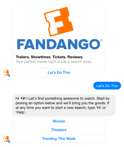 Chatbot Fandango Facebook Messenger pomáhá uživatelům při výběru filmů.