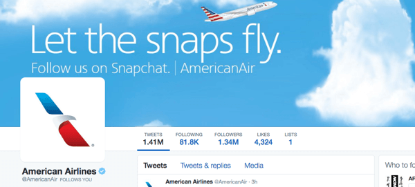 twitterový obrázek amerických leteckých společností se snapchatem