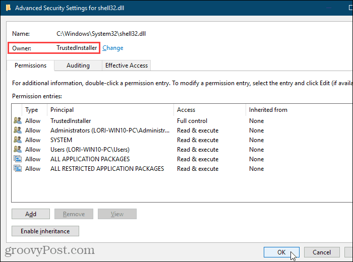 Zavřete dialogové okno Upřesnit nastavení zabezpečení v Editoru registru systému Windows