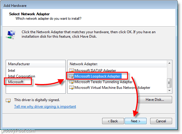 Windows 7 Networking Screenshot vyberte microsoft> microsoft loopback adapter