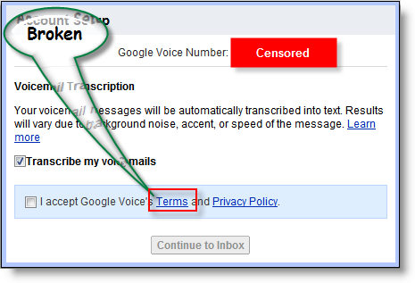 Odkaz na smluvní podmínky služby Google Voice byl přerušen