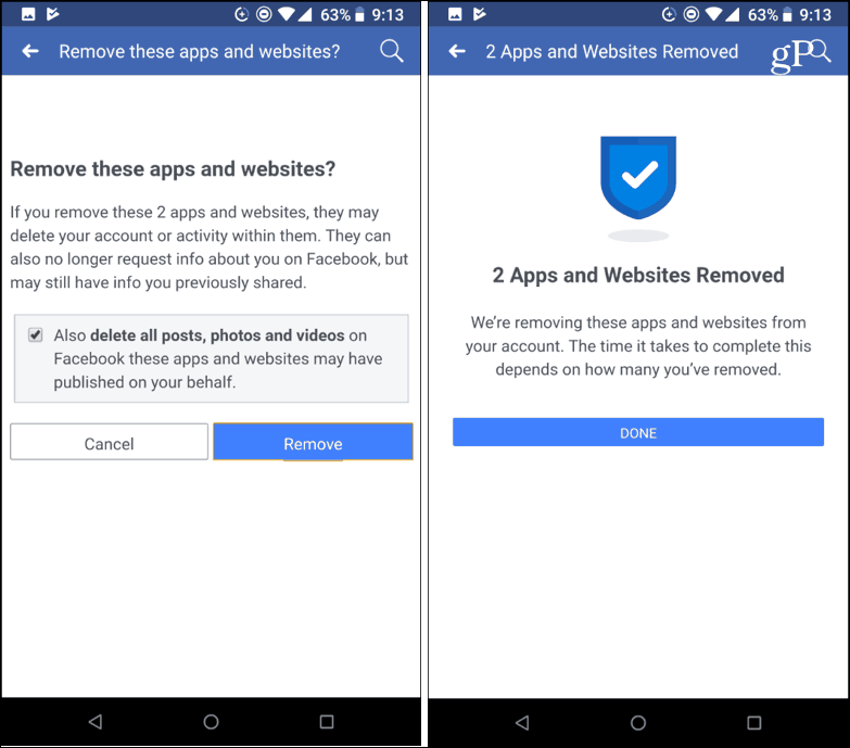 Potvrďte odebrání aplikací třetích stran Facebook mobile