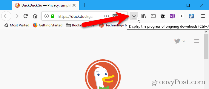 Tlačítko stahování na panelu nástrojů ve Firefoxu