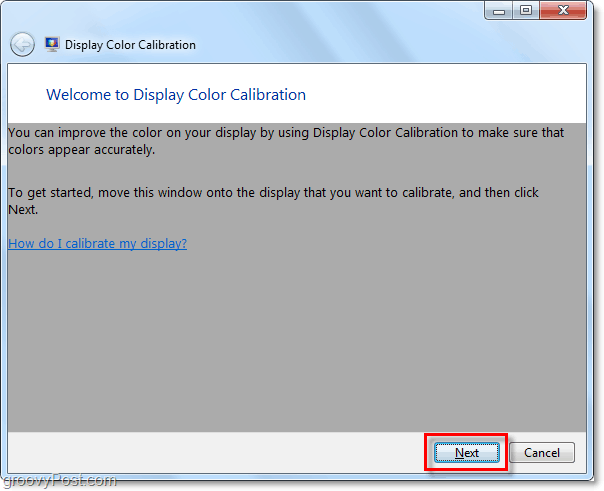 Windows 7 zobrazí uvítací okno pro kalibraci barev