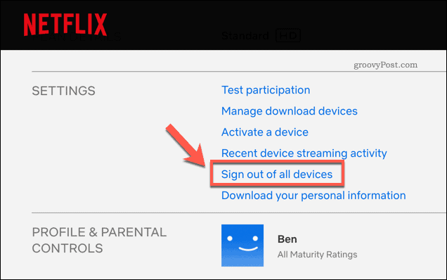 Odhlaste se ze všech zařízení Netflix na stránce nastavení účtu Netflix