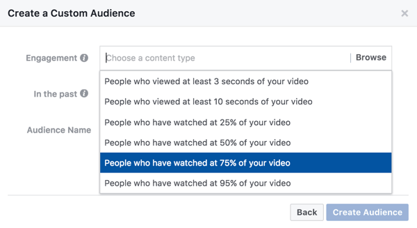 Pro vlastní publikum založené na interakci s videem můžete vybrat, kolik z vašeho videa musí někdo sledovat, aby se mohla zobrazit vaše reklama s přesměrováním.