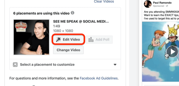 Možnost Upravit video pro videoreklamu na Facebooku