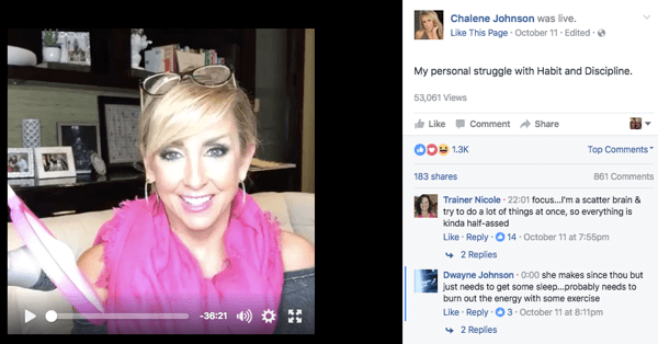 Facebook Živý video příspěvek na facebookové stránce Chalene.