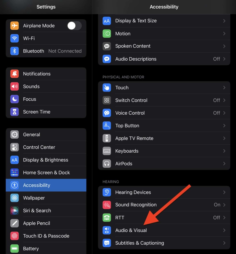 Vyberte Audio & Visual v nastavení Usnadnění na vašem iPadu