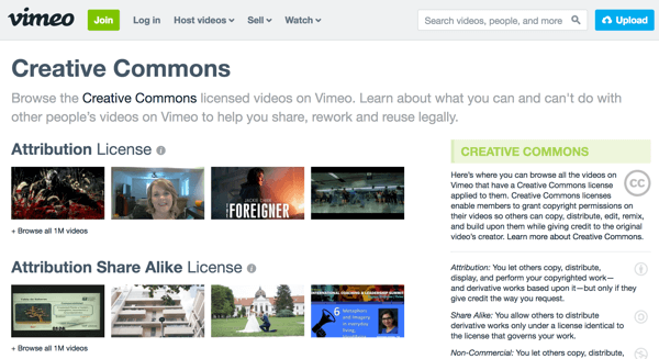 Vimeo seskupuje videozáznamy podle typu licence a vpravo obsahuje vysvětlení každého typu.