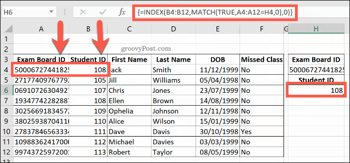Příklad kombinovaného vzorce INDEX a MATCH v Excelu
