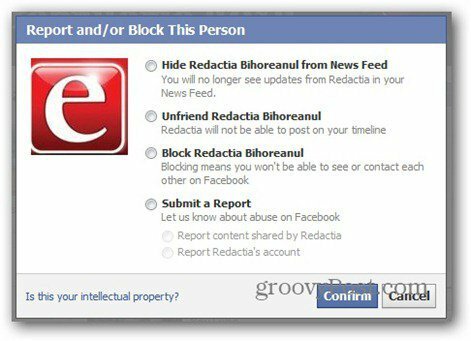 facebookový report - možnosti blokování