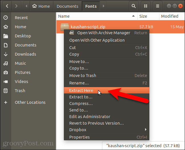 Extrahujte soubor písma v Nautilus v Ubuntu