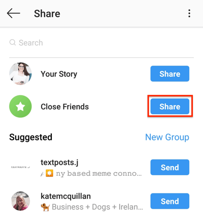 Klepnutím na tlačítko Sdílet můžete svůj příběh Instagramu sdílet se svým seznamem Zavřít přátele.