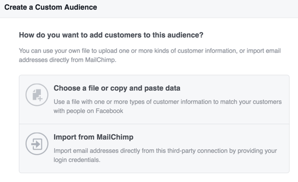 Vyberte, jak chcete nahrát informace o zákazníkovi a vytvořit si vlastní publikum na Facebooku.