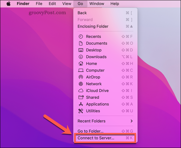 Otevření možnosti Mac Finder Connect to Server