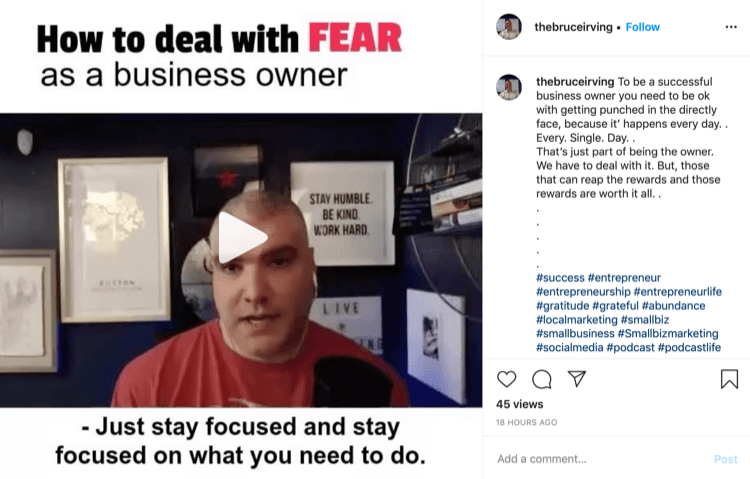 Bruce Irving Instagram post o tom, jak se vypořádat se strachem jako vlastník firmy