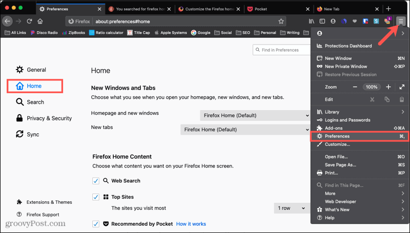 Domovská stránka předvoleb Firefoxu pro Mac