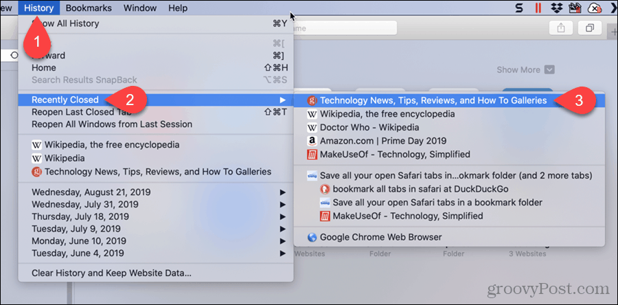 V prohlížeči Safari vyberte kartu Nedávno uzavřená