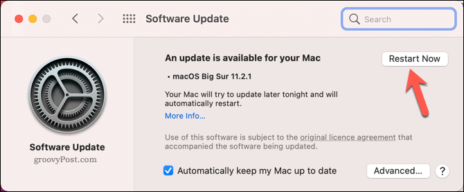 Restartování počítače Mac k zahájení aktualizace systému