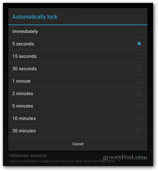 Obrazovka uzamčení obrazovky Goggle Nexus 7 automaticky blokuje interval