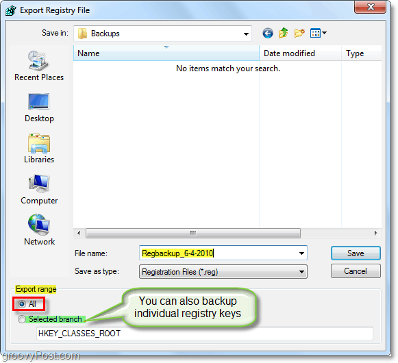 uložte zálohu registru ve Windows 7 a Vista