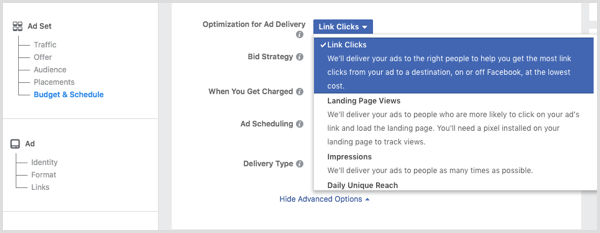 Když nastavujete reklamu na Facebooku, zvolte v rozevíracím seznamu Optimalizace pro zobrazování reklam kliknutí na odkazy.