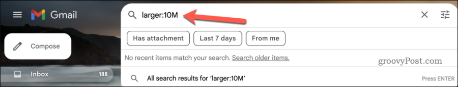 Spuštění většího: hledejte ve vyhledávací liště Gmailu