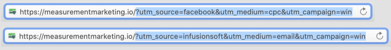 příklad adres URL se značkami utm zakódovanými se zvýrazněnou částí utm adres URL zobrazující facebook / cpc a infuzesoft / e-mail jako parametry kampaně win