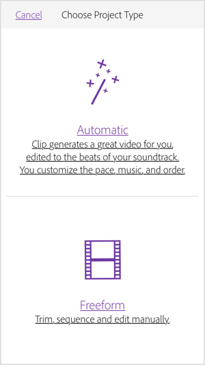 Vyberte Automaticky, aby aplikace Adobe Premiere Clip vytvořila video za vás.