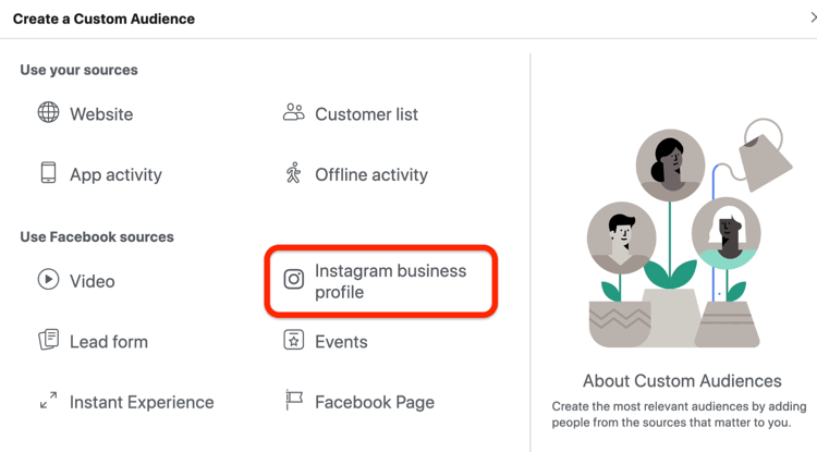 Možnost Instagram Business Profile vybraná v dialogovém okně Vytvořit vlastní publikum