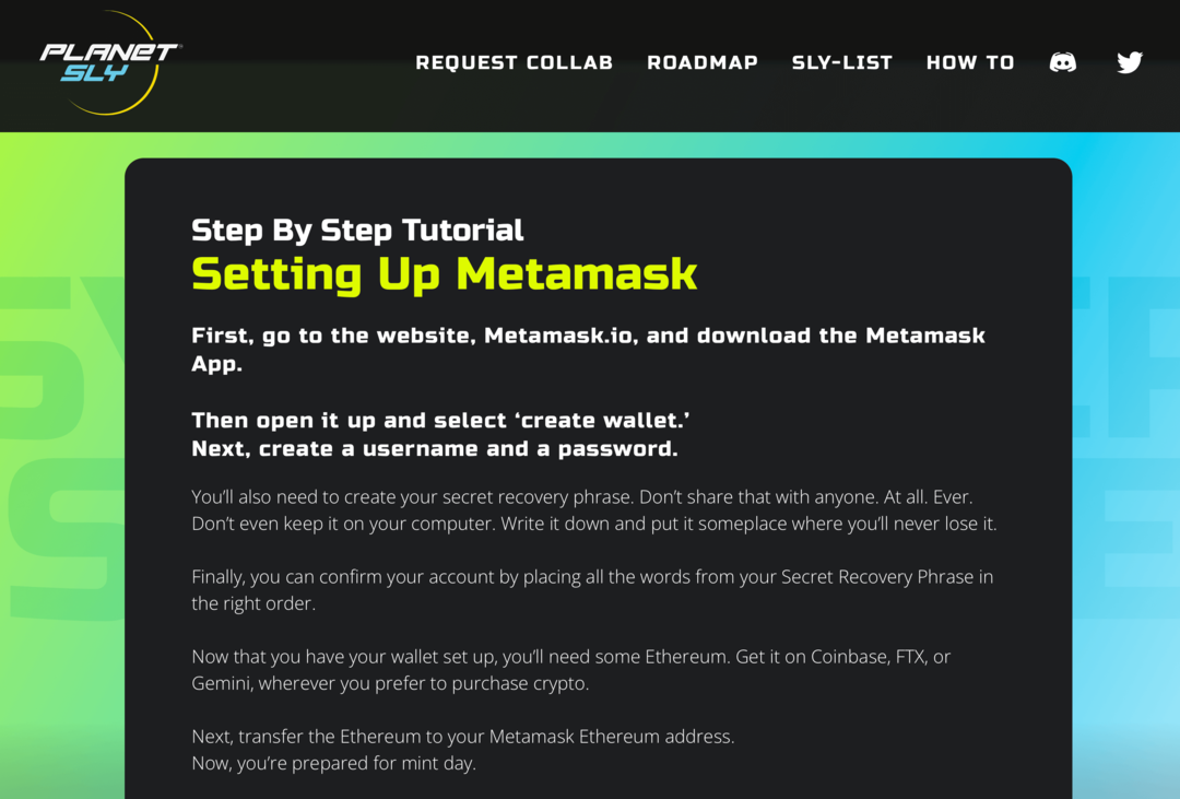 obrázek výukového programu Metamask na webu PlanetSLY