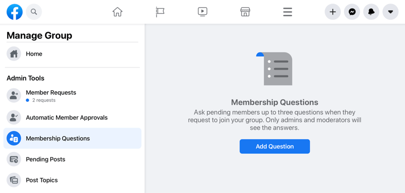možnost spravovat skupinu na facebooku zvýraznění možnosti otázek o členství