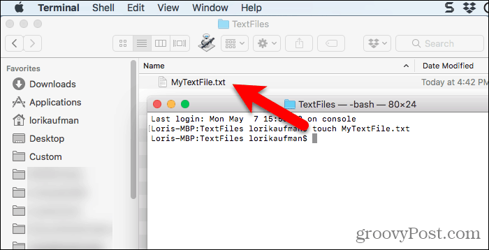 Textový soubor vytvořený pomocí dotykového příkazu v Terminálu v systému Mac