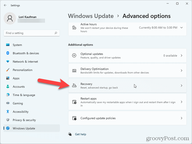 V nastavení systému Windows 11 klikněte na Obnovení