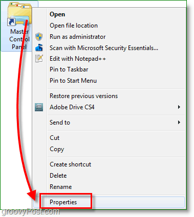 Snímek obrazovky systému Windows 7 - klepněte pravým tlačítkem myši na zástupce a přejděte do vlastností