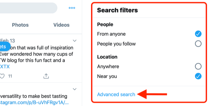snímek obrazovky zobrazující odkaz na rozšířené hledání v poli filtrů pro vyhledávání na Twitteru