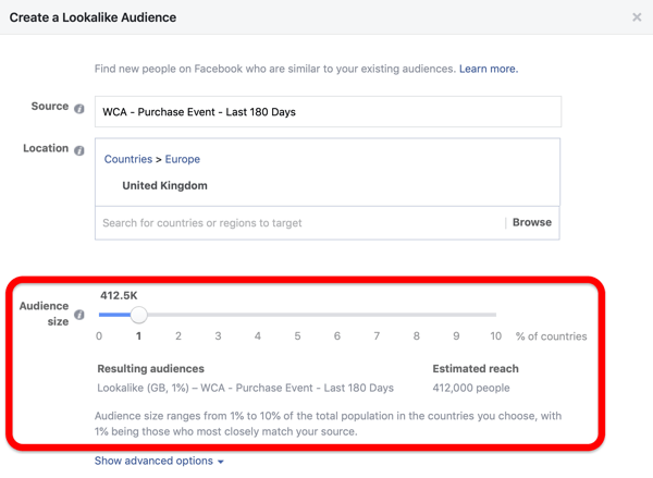 Možnost velikosti publika při vytváření vašeho Facebook Lookalike publika z vašeho vlastního publika.