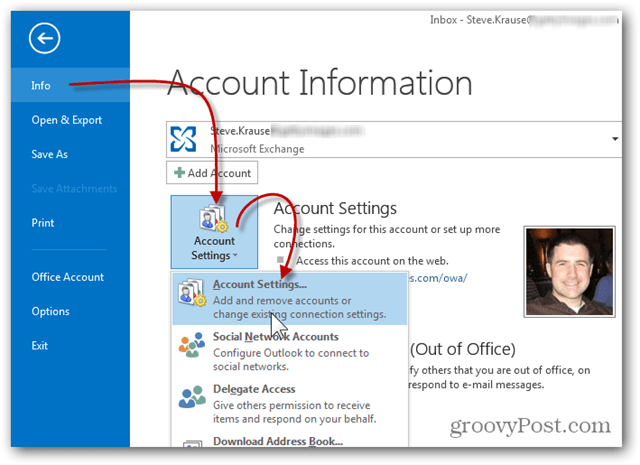 Přidat poštovní schránku Outlook 2013 - Klikněte na Nastavení informací o účtu