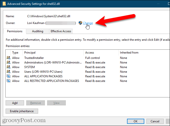 V dialogovém okně Upřesnit nastavení zabezpečení v Editoru registru systému Windows klepněte na tlačítko Změnit pro vlastníka