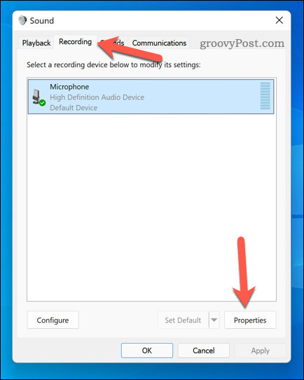 Otevření nabídky vlastností mikrofonu ve Windows 11