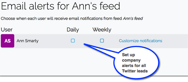 V Leadfeederu nastavte e-mailová upozornění na nové potenciální zákazníky pocházející z Twitteru.