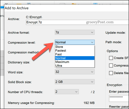 Možnosti komprese souborů pro archivní soubor 7zip ve Windows 10