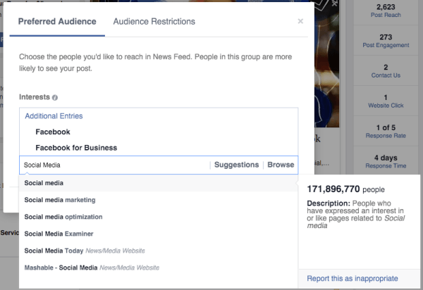 optimalizace publika na facebooku preferované zájmy publika
